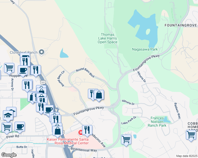 map of restaurants, bars, coffee shops, grocery stores, and more near Round Barn Boulevard in Santa Rosa
