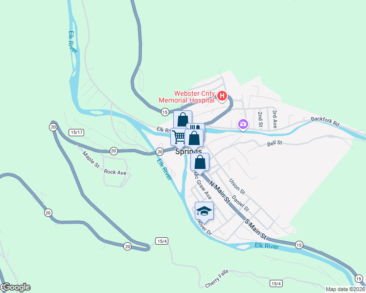map of restaurants, bars, coffee shops, grocery stores, and more near West Virginia 20 in Webster Springs
