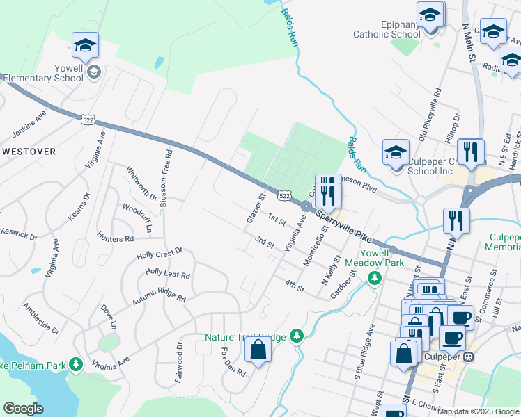 map of restaurants, bars, coffee shops, grocery stores, and more near 110 Glazier Street in Culpeper