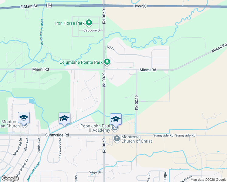 map of restaurants, bars, coffee shops, grocery stores, and more near 67008 Miami Road in Montrose