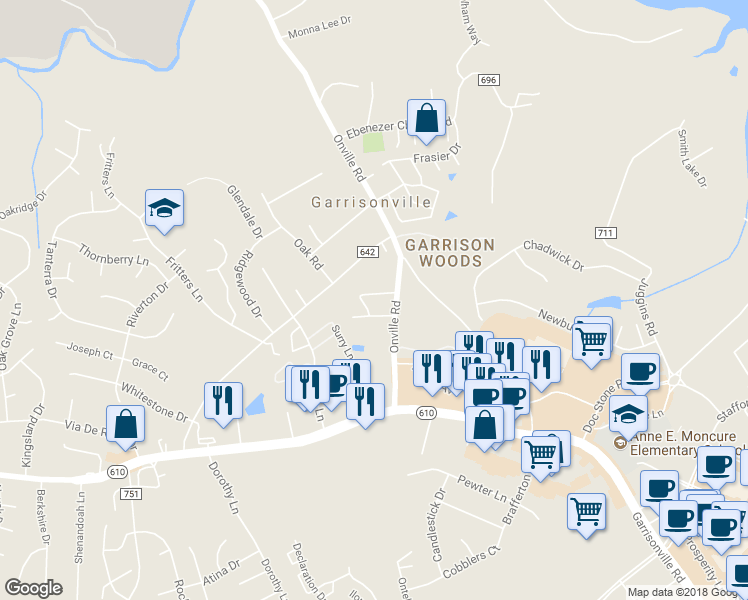 map of restaurants, bars, coffee shops, grocery stores, and more near 402 Mews Court in Stafford