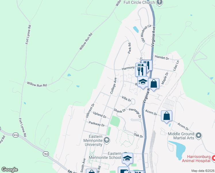 map of restaurants, bars, coffee shops, grocery stores, and more near 1606 Hillcrest Drive in Harrisonburg