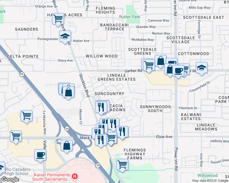 map of restaurants, bars, coffee shops, grocery stores, and more near 7318 Sunleaf Lane in Sacramento