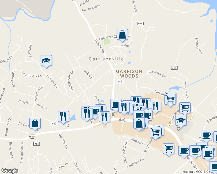 map of restaurants, bars, coffee shops, grocery stores, and more near 406 Mews Court in Stafford