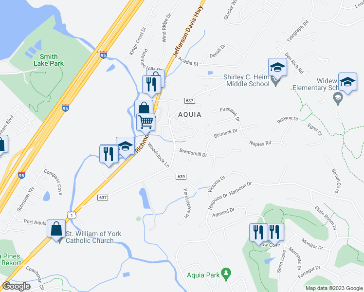 map of restaurants, bars, coffee shops, grocery stores, and more near 11 Brentsmill Drive in Stafford