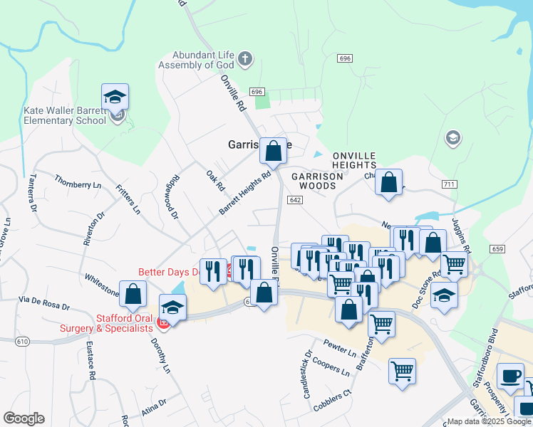 map of restaurants, bars, coffee shops, grocery stores, and more near 406 Mews Court in Stafford