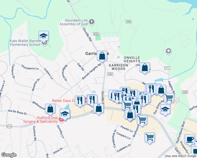 map of restaurants, bars, coffee shops, grocery stores, and more near 402 Mews Court in Stafford
