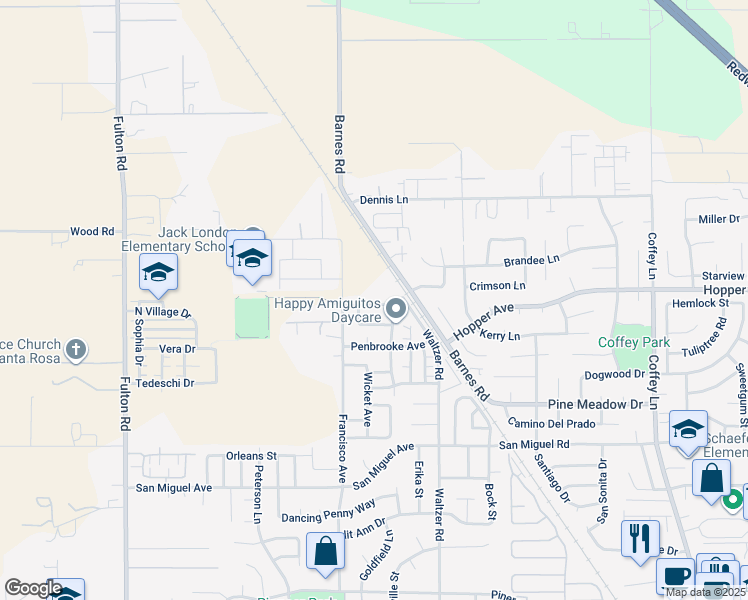 map of restaurants, bars, coffee shops, grocery stores, and more near 2471 Delamere Avenue in Santa Rosa