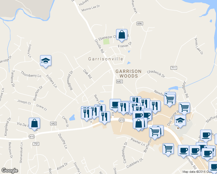 map of restaurants, bars, coffee shops, grocery stores, and more near 408 Mews Court in Stafford