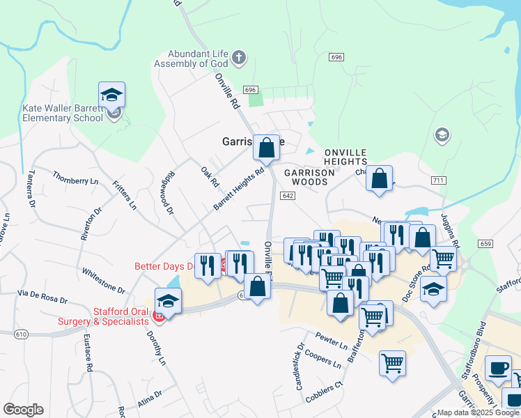 map of restaurants, bars, coffee shops, grocery stores, and more near 408 Mews Court in Stafford