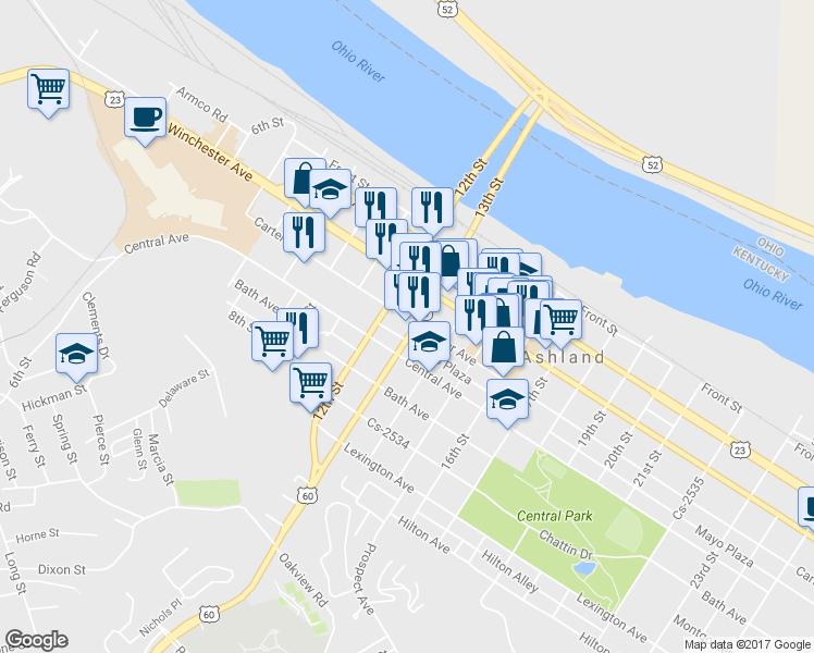 map of restaurants, bars, coffee shops, grocery stores, and more near 1224 Carter Avenue in Ashland