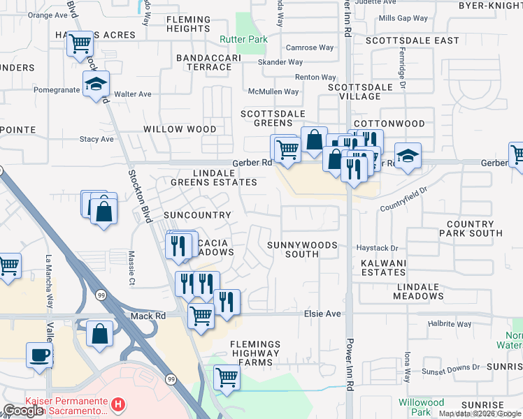 map of restaurants, bars, coffee shops, grocery stores, and more near 7619 Eagle Park Drive in Sacramento