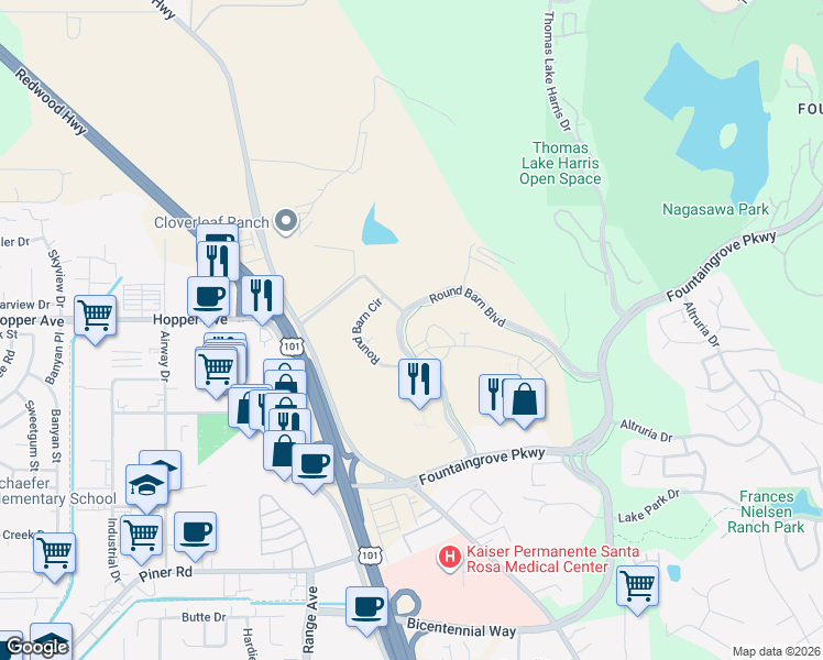 map of restaurants, bars, coffee shops, grocery stores, and more near 3560-3598 Round Barn Boulevard in Santa Rosa