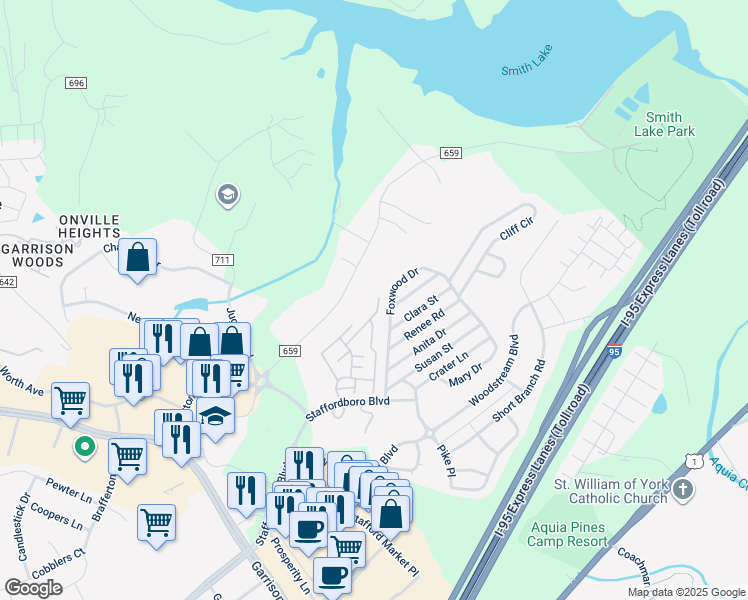 map of restaurants, bars, coffee shops, grocery stores, and more near 413 Mayfair Place in Stafford