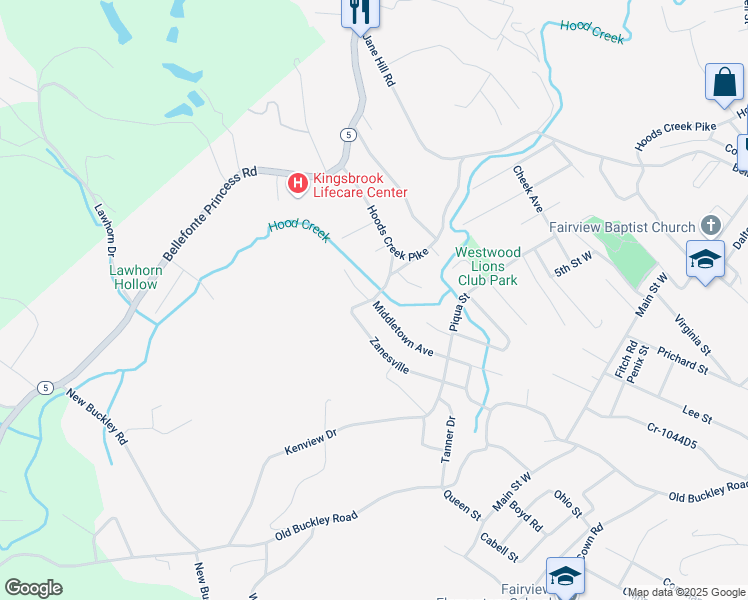 map of restaurants, bars, coffee shops, grocery stores, and more near 501 Middletown Avenue in Ashland