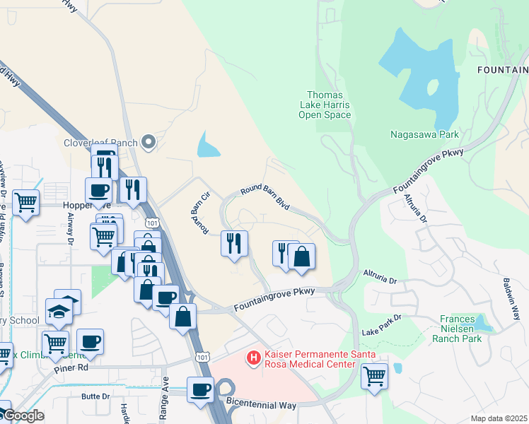 map of restaurants, bars, coffee shops, grocery stores, and more near 3585 Round Barn Blvd in Santa Rosa