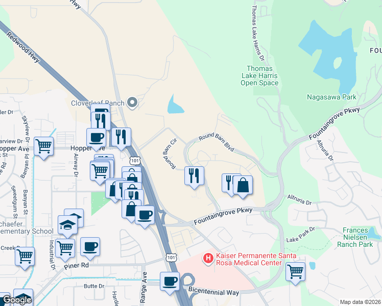 map of restaurants, bars, coffee shops, grocery stores, and more near 3560-3598 Round Barn Boulevard in Santa Rosa