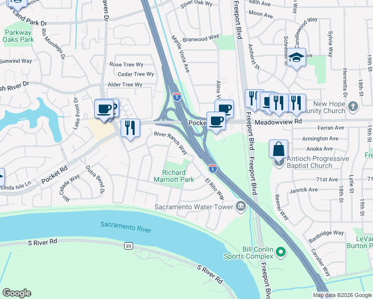 map of restaurants, bars, coffee shops, grocery stores, and more near 7566 River Ranch Way in Sacramento