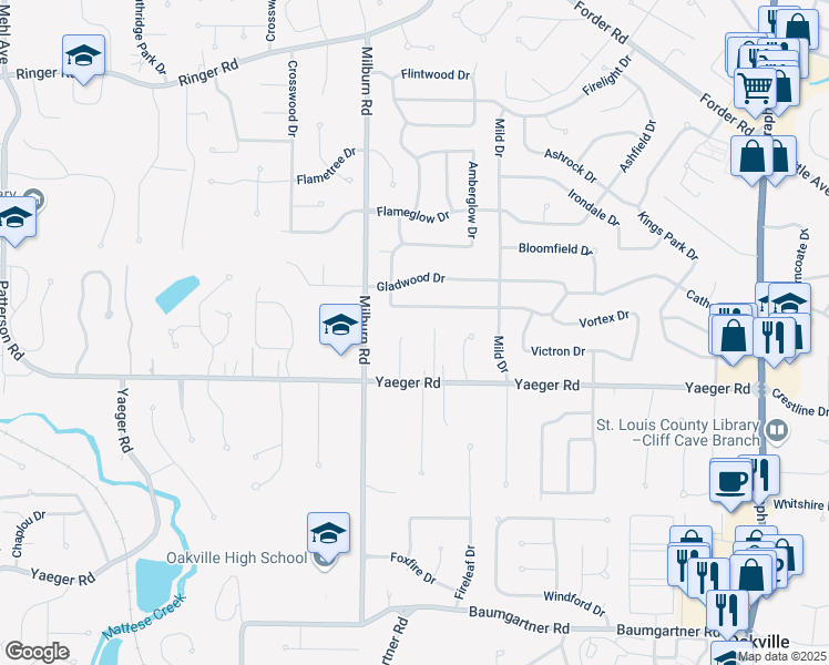 map of restaurants, bars, coffee shops, grocery stores, and more near 5358 Yaeger Circle Drive in St. Louis