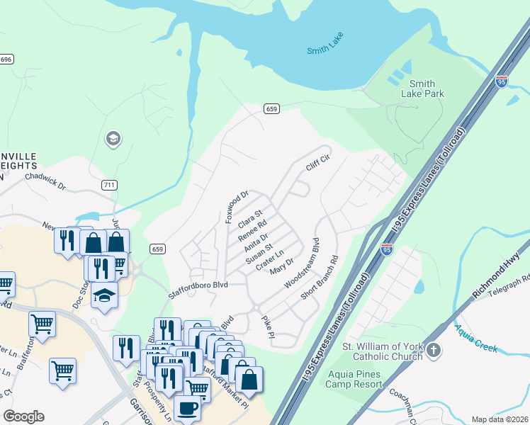 map of restaurants, bars, coffee shops, grocery stores, and more near 38 Clara Street in Stafford