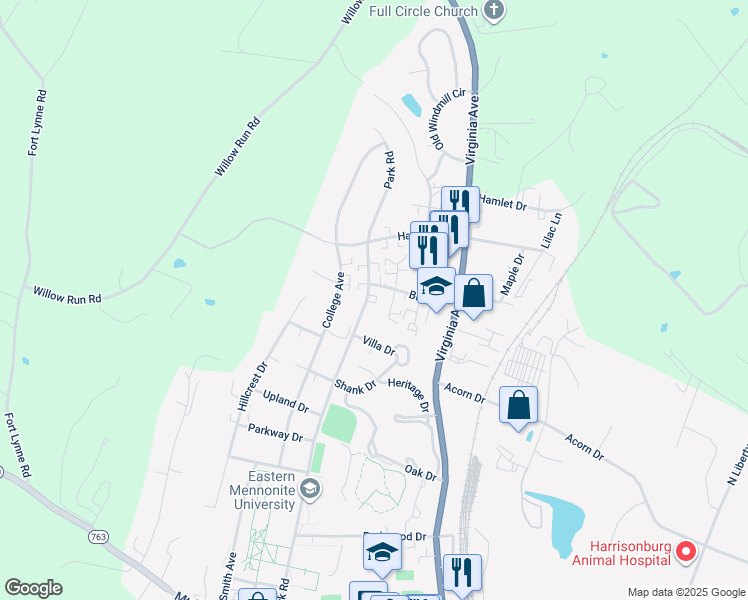 map of restaurants, bars, coffee shops, grocery stores, and more near 1640 Park Rd in Harrisonburg