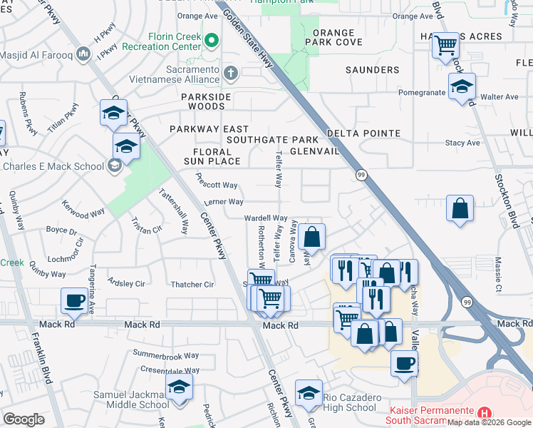 map of restaurants, bars, coffee shops, grocery stores, and more near 7662 Telfer Way in Sacramento