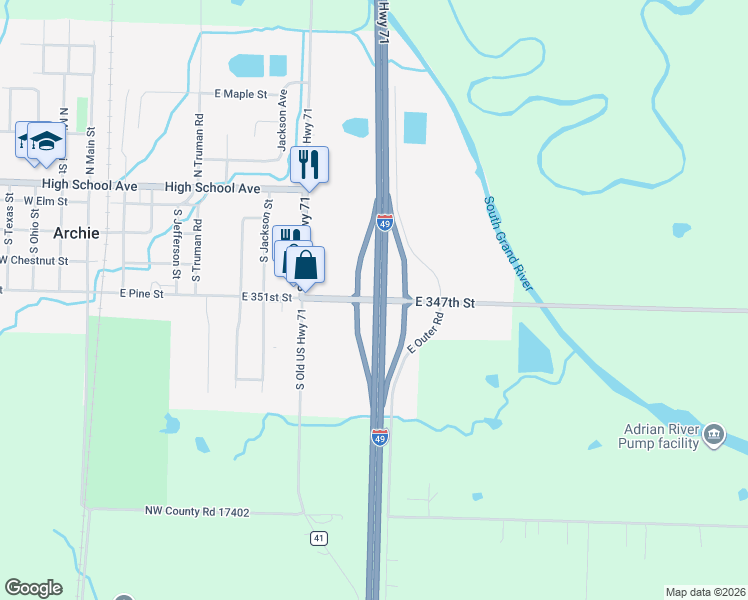 map of restaurants, bars, coffee shops, grocery stores, and more near 29309 East State Route B in Archie