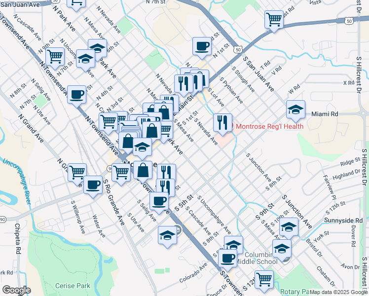 map of restaurants, bars, coffee shops, grocery stores, and more near 606 South 2nd Street in Montrose