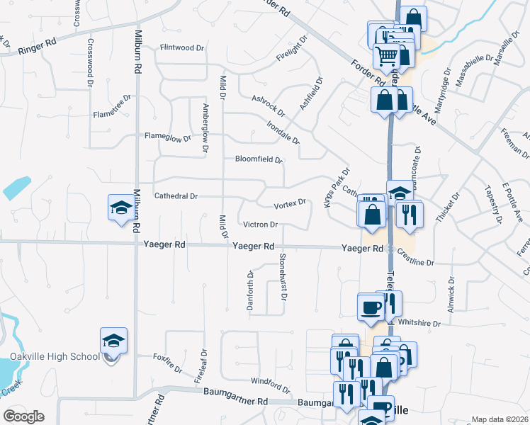 map of restaurants, bars, coffee shops, grocery stores, and more near 2674 Vortex Drive in Saint Louis