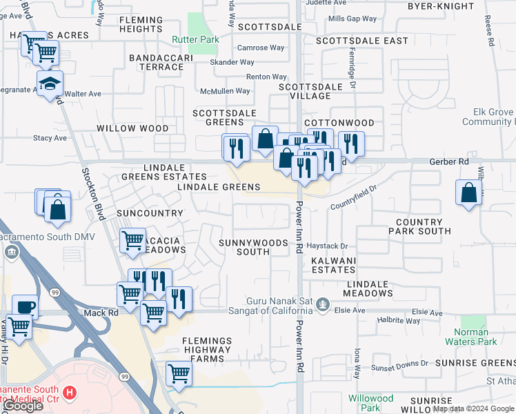 map of restaurants, bars, coffee shops, grocery stores, and more near 7650 Velaga Court in Sacramento