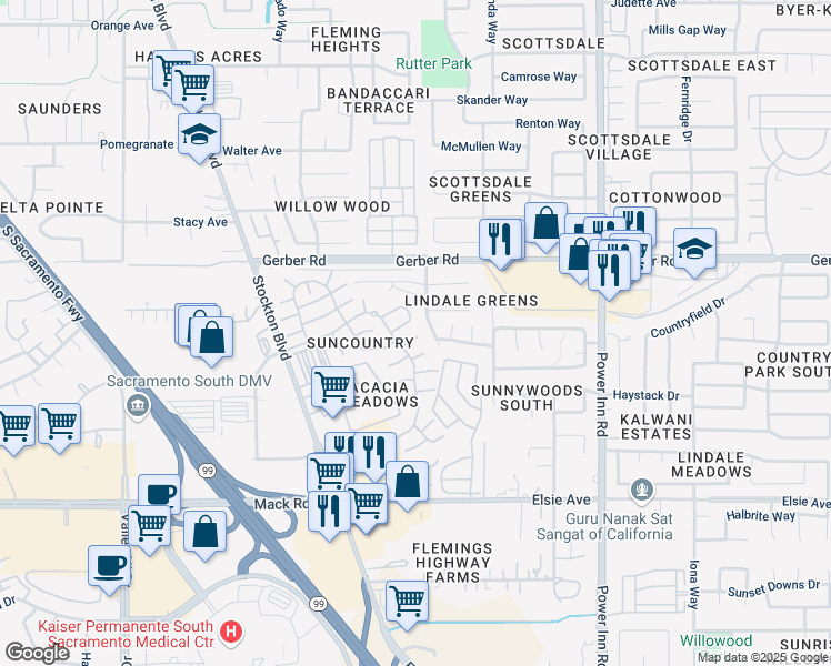 map of restaurants, bars, coffee shops, grocery stores, and more near 7413 Sunspark Lane in Sacramento