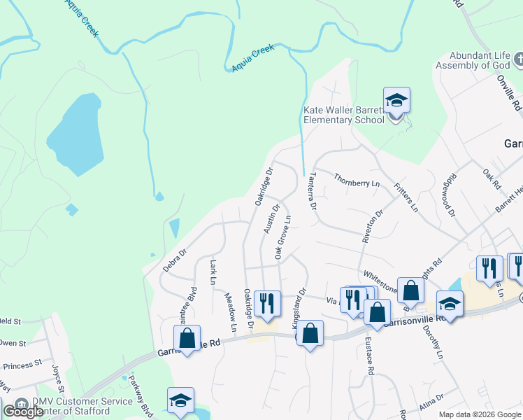 map of restaurants, bars, coffee shops, grocery stores, and more near 227 Oakridge Drive in Stafford