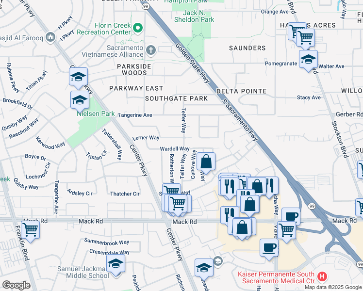 map of restaurants, bars, coffee shops, grocery stores, and more near 7662 Telfer Way in Sacramento