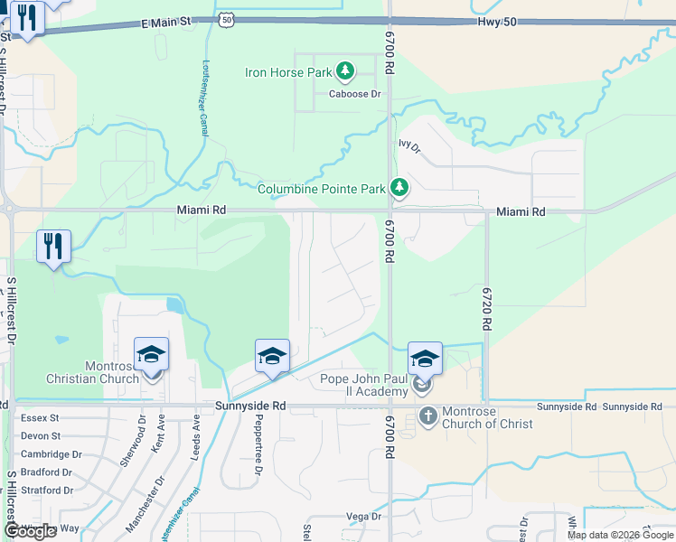 map of restaurants, bars, coffee shops, grocery stores, and more near 2710 Daisy Court in Montrose