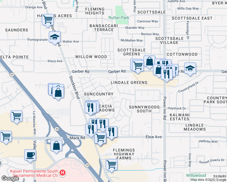 map of restaurants, bars, coffee shops, grocery stores, and more near 7413 Sunspark Lane in Sacramento