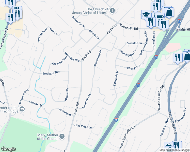 map of restaurants, bars, coffee shops, grocery stores, and more near 5532 Dantonaire Place in St. Louis