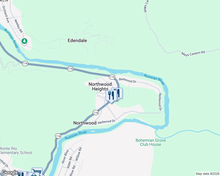 map of restaurants, bars, coffee shops, grocery stores, and more near 19106 Outlet Drive in Guerneville