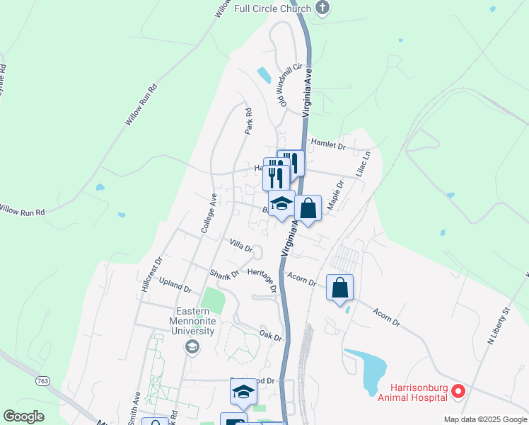 map of restaurants, bars, coffee shops, grocery stores, and more near 1667 Buttonwood Court in Harrisonburg