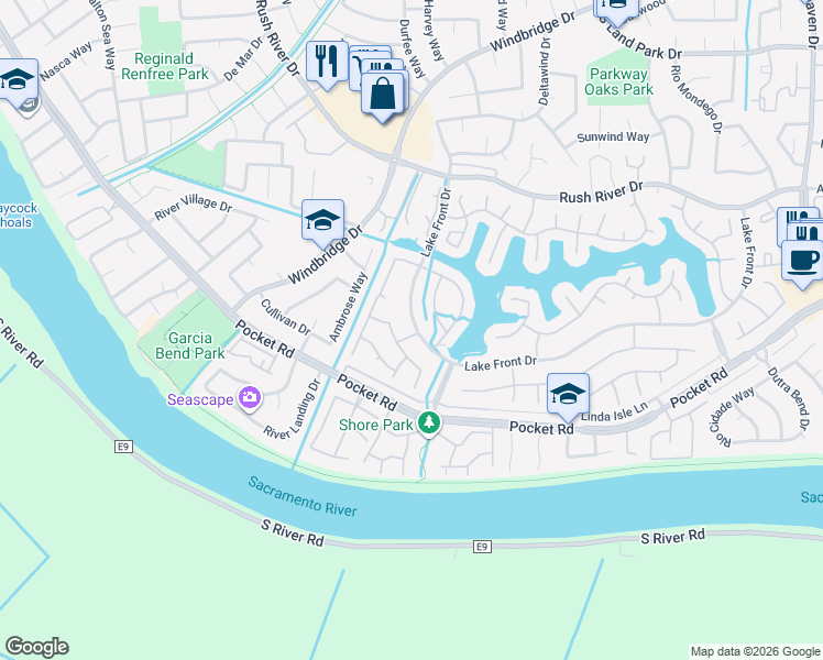 map of restaurants, bars, coffee shops, grocery stores, and more near 750 Lake Front Drive in Sacramento