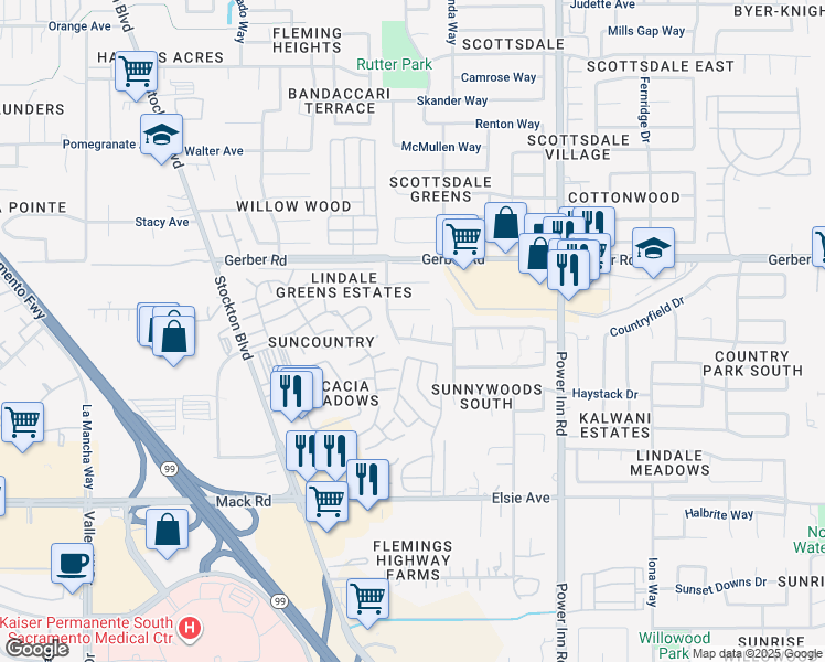 map of restaurants, bars, coffee shops, grocery stores, and more near 7663 Lisa Ann Court in Sacramento