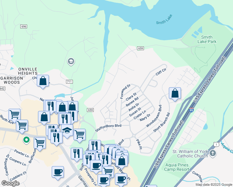 map of restaurants, bars, coffee shops, grocery stores, and more near 417 Mayfair Place in Stafford