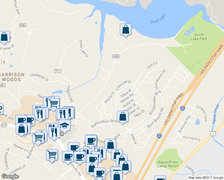 map of restaurants, bars, coffee shops, grocery stores, and more near 417 Mayfair Place in Stafford