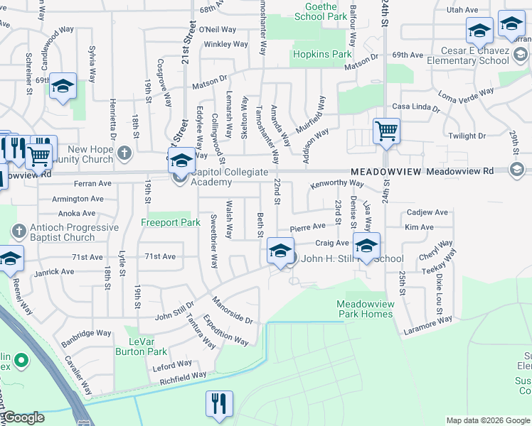 map of restaurants, bars, coffee shops, grocery stores, and more near 7645 Beth Street in Sacramento