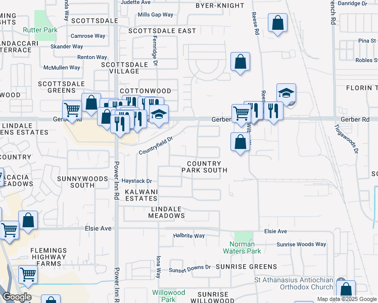 map of restaurants, bars, coffee shops, grocery stores, and more near 7669 Dyer Court in Sacramento