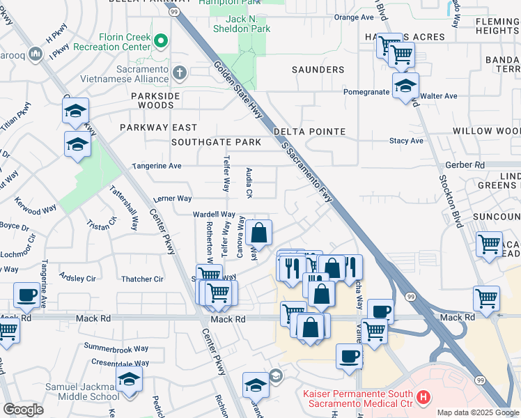 map of restaurants, bars, coffee shops, grocery stores, and more near 5905 Wardell Way in Sacramento