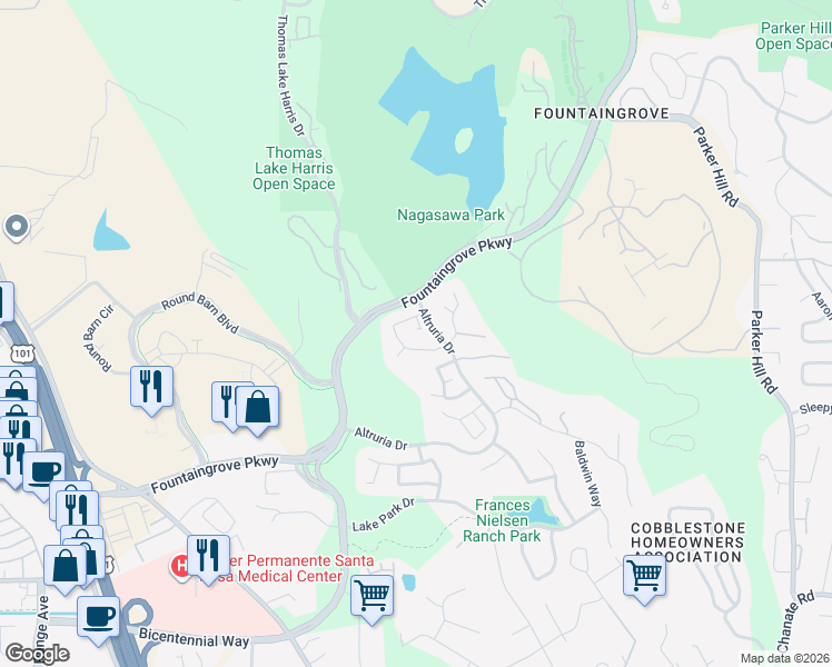 map of restaurants, bars, coffee shops, grocery stores, and more near 1907 Gardenview Circle in Santa Rosa