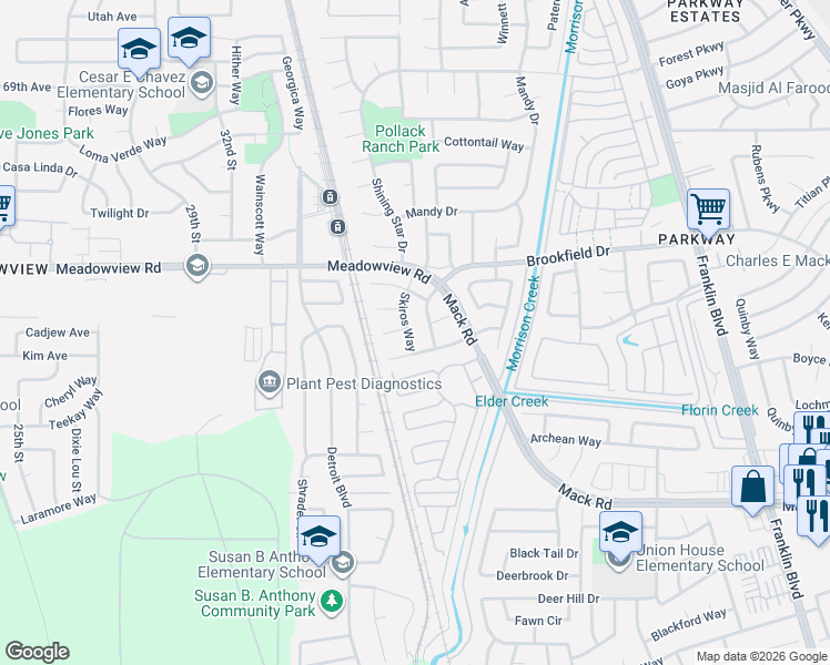 map of restaurants, bars, coffee shops, grocery stores, and more near 7653 Skiros Way in Sacramento