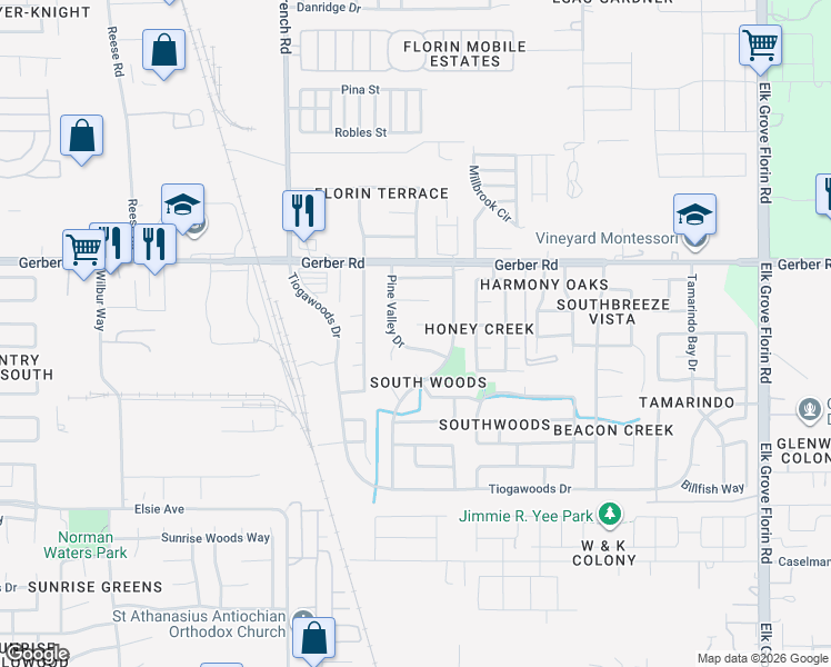 map of restaurants, bars, coffee shops, grocery stores, and more near 8604 Maple Grove Court in Sacramento