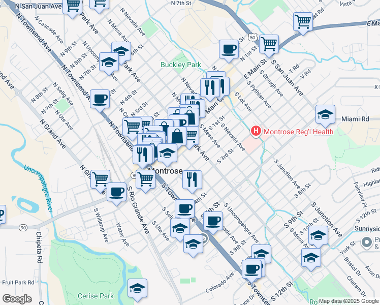 map of restaurants, bars, coffee shops, grocery stores, and more near 514 South 1st Street in Montrose