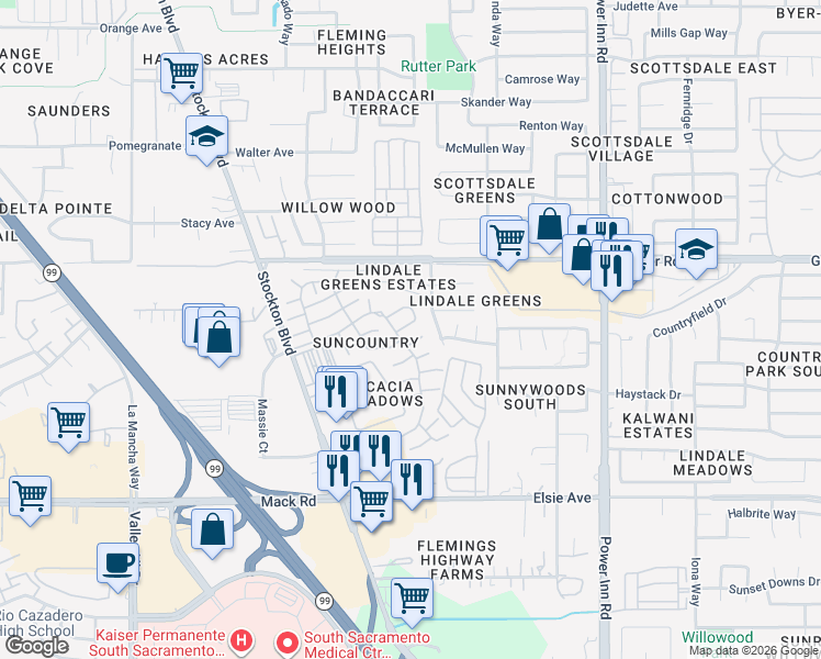 map of restaurants, bars, coffee shops, grocery stores, and more near 7521 Sunwest Lane in Sacramento